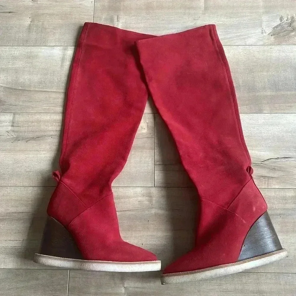 PALOMA BARCELO Serafine Over-the-Knee Red Pointy Suede Wedge Boots Sz 36(5.5)